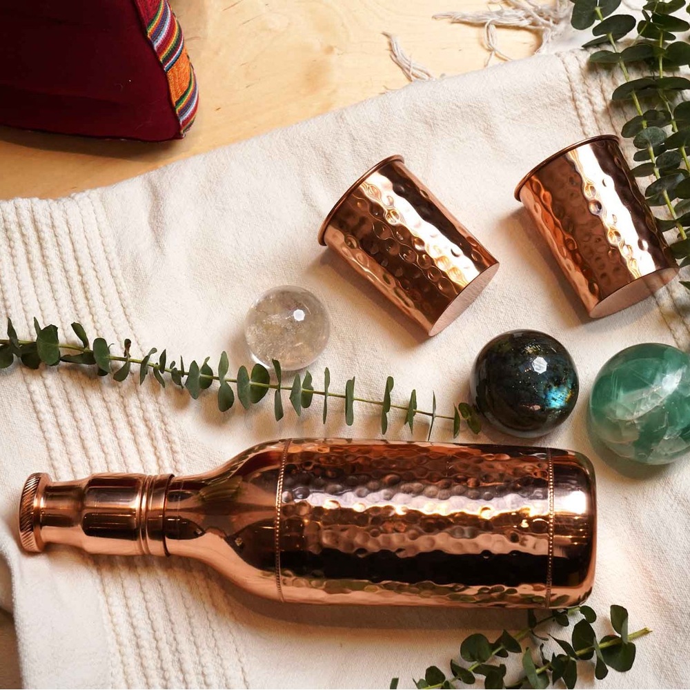 Three Piece Pure Copper Drinking Set with Natural Cotton Carry Bags